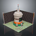 Industrial Cylindrical Structure With Chain Link Fence Checkerboard Floor Tiles Red Antenna And Black Panel