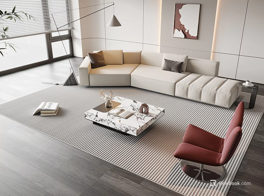 Modern Sofa and Coffee Table Set L Shaped Beige With Marble Top Red Accent Chair 3d model 