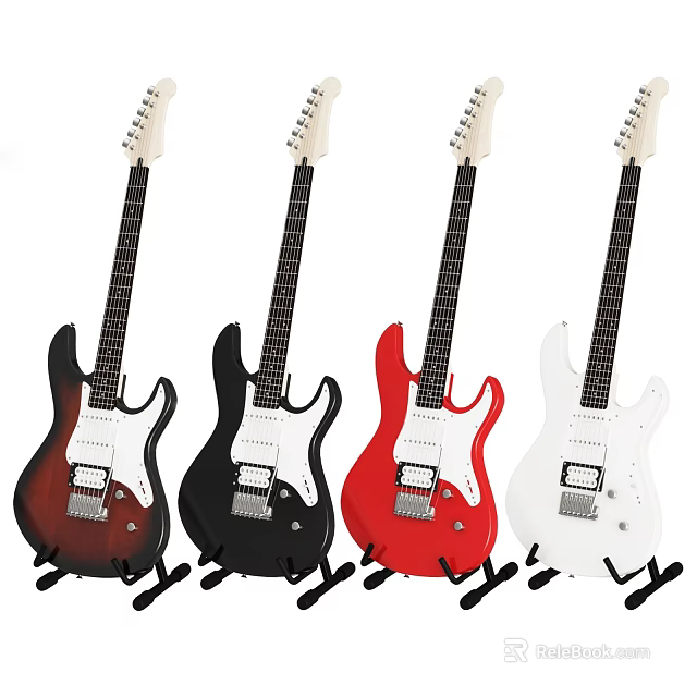 Colorful Electric Guitars Display On Stands With Brown Black Red White 3d model 