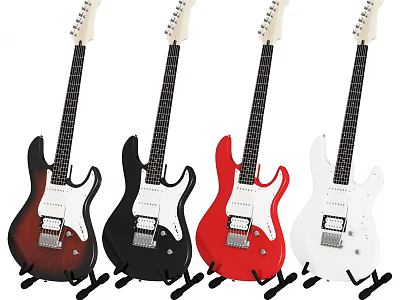 Colorful Electric Guitars Display On Stands With Brown Black Red White 3d model