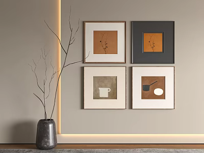 Minimalist Wall Decor With Four Framed Paintings Vase Branches And Light Strip 3d model