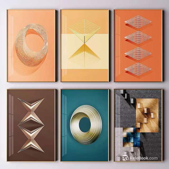 Diverse Modern Abstract Wall Art With Geometric Patterns And Vibrant Colorful Frames 3d model