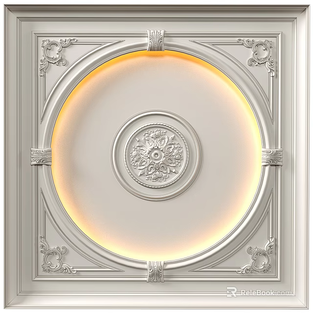 Ornate Ceiling With Decorative Relief And Round Lighting 3d model 