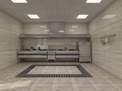 Commercial Kitchen Interior With Stoves Range Hood Refrigerator Tile Walls Ceiling Lights And Drainage Channel 3d model