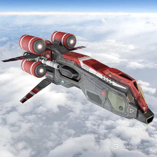 Futuristic Red and Gray Spacecraft Flying Above Clouds in Cosmic Exploration 3d model 
