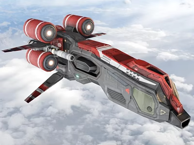 Futuristic Red and Gray Spacecraft Flying Above Clouds in Cosmic Exploration 3d model