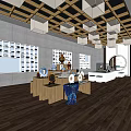 Modern Exhibition Space Interior With Display Shelves Pendant Lights And Wooden Flooring