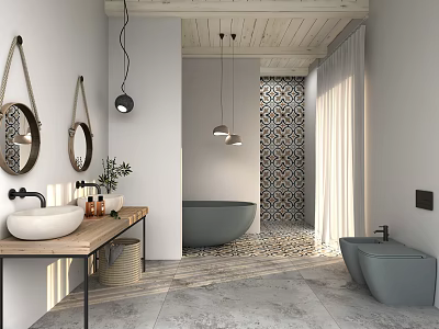 Modern Bathroom Interior With Wooden Ceiling Geometric Tile Wall Bathtub Vanity And Round Mirrors 3d model