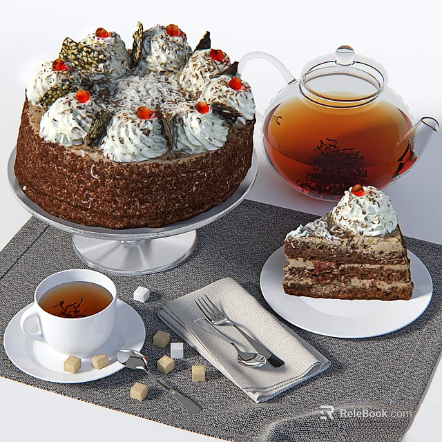 Chocolate Cake with Whipped Cream and Red Cherry Topping Served with Teapot Teacup and Slice 3d model 