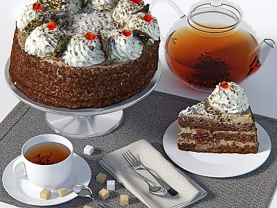 Chocolate Cake with Whipped Cream and Red Cherry Topping Served with Teapot Teacup and Slice 3d model
