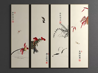 Chinese Style Four Panel Wall Art With Lotus Bird Bamboo Butterfly And Calligraphy 3d model