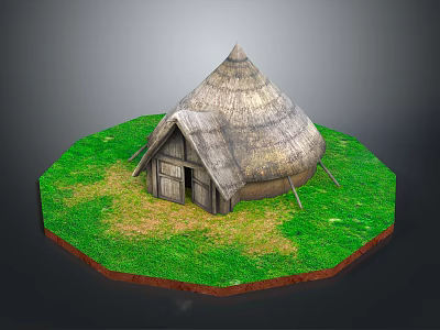 Traditional Thatched House with Conical Thatched Roof and Wooden Structure in Grassland Area 3d model