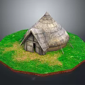 Traditional Thatched House with Conical Thatched Roof and Wooden Structure in Grassland Area