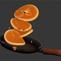 Black Frying Pan With Red Handle Stacked Pancakes And Golden Syrup