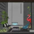Modern Garden Landscape With Green Plants Flamingo Decoration Blue Chair And Water Feature