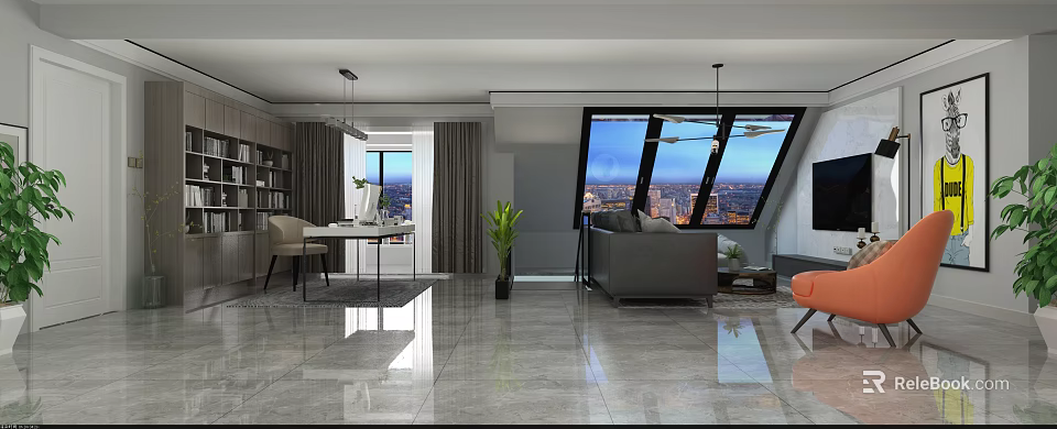 Modern Living Room Interior Design With Large Windows City View And Sofa Plant 3d model 