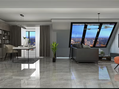 Modern Living Room Interior Design With Large Windows City View And Sofa Plant 3d model