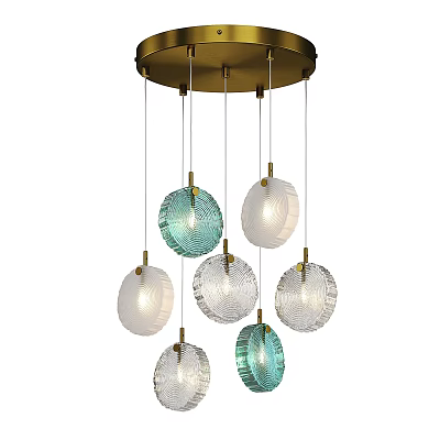 Modern Chandelier with Spherical Glass Shades in Green and Transparent Tones and Brass Hanging Structure 3d model