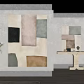 Abstract Painting With Neutral Tones In Modern Interior Featuring Potted Plant And Large Window