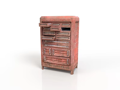 Vintage Red Wooden Cabinet With Multiple Drawers Carved Details And Textured Surface 3d model