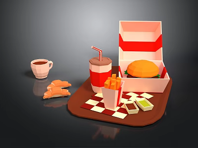 Fast Food Tray Setup With Open Burger Box Fries Drink Coffee Croissant And Checkered Mat 3d model