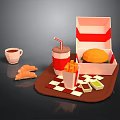 Fast Food Tray Setup With Open Burger Box Fries Drink Coffee Croissant And Checkered Mat