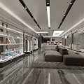 Modern Showroom Interior With White Shelves Product Displays Gray Sofa Marble Flooring And Modern Lighting