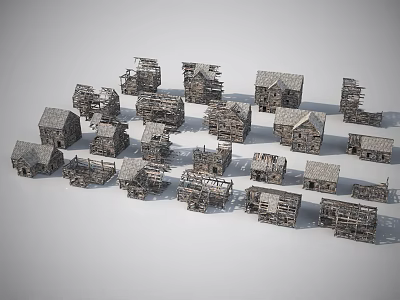 Dilapidated Small House Models Arranged In Group With Weathered Wood And Ruined Details 3d model
