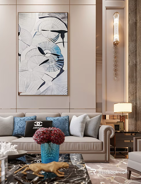 Elegant Modern Living Dining Room Interior With Beige Sofa Blue Pillows And Abstract Wall Art 3d model 