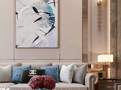 Elegant Modern Living Dining Room Interior With Beige Sofa Blue Pillows And Abstract Wall Art 3d model
