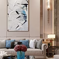 Elegant Modern Living Dining Room Interior With Beige Sofa Blue Pillows And Abstract Wall Art
