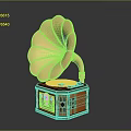 Classic Vintage Phonograph With Golden Flower Shaped Horn And Decorative Wooden Base