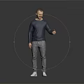 Man wearing dark blue long sleeve shirt gray pants white shoes with right hand extended