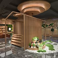 Indoor Green Decor Space With Wooden Display Shelves Plant Wall Round Ceiling And Good Day Sign