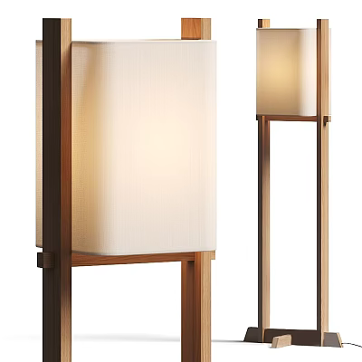 Minimalist Wooden Floor Lamp with White Fabric Shade and Soft Ambient Light Design 3d model