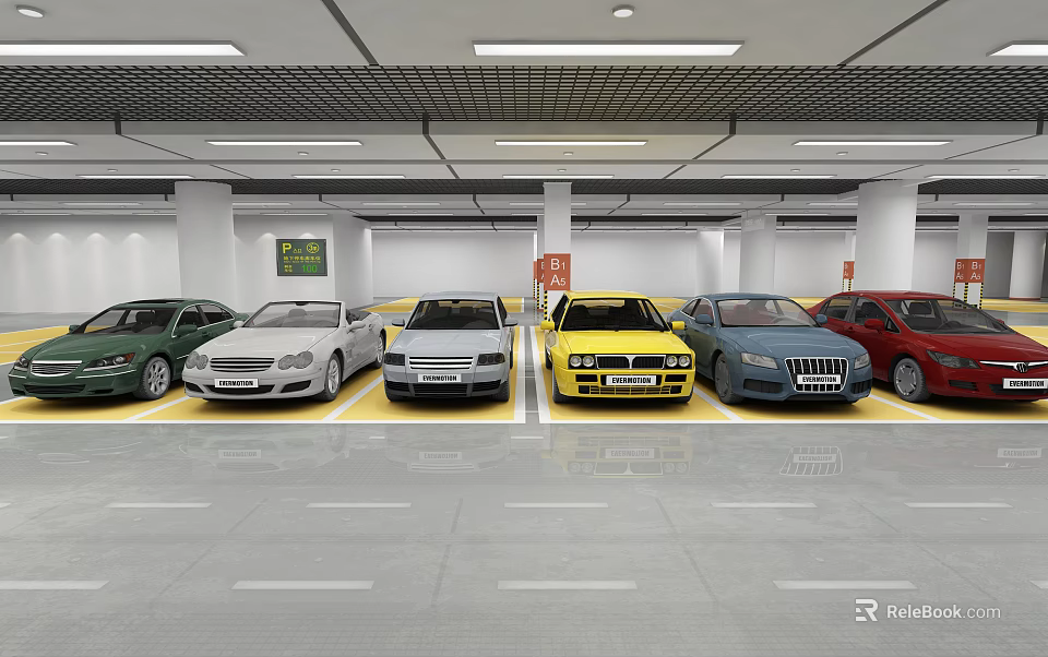 Modern Parking Lot with Various Colored Cars Parked in Organized Spaces 3d model 
