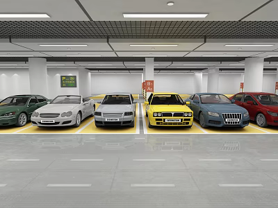 Modern Parking Lot with Various Colored Cars Parked in Organized Spaces 3d model