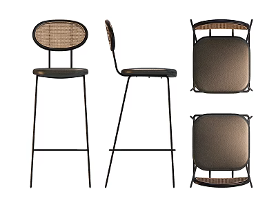 Modern Bar Stools Featuring Rattan Backrest Brown Seat And Black Metal Frame 3d model