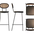 Modern Bar Stools Featuring Rattan Backrest Brown Seat And Black Metal Frame