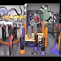 Graffiti Decorated Indoor Activity Space With Colorful Pillars Wooden Platform And Cartoon Wall Art