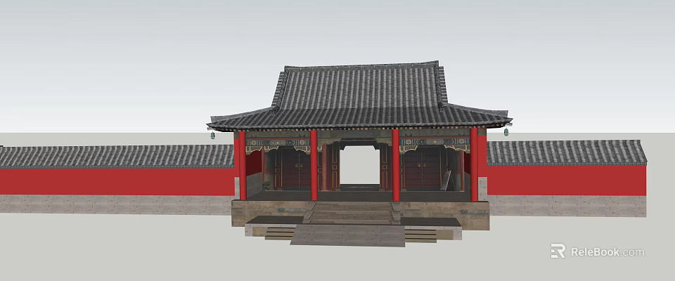 Ancient Chinese Architecture With Gray Tiled Roof Red Pillars Stone Steps And Carved Decorations 3d model 