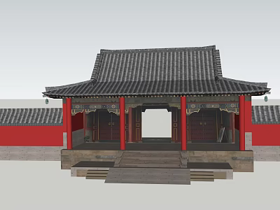 Ancient Chinese Architecture With Gray Tiled Roof Red Pillars Stone Steps And Carved Decorations 3d model