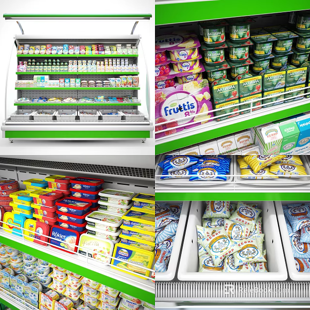 Retail Display Shelves with Assorted Packaged Food Products and Beverage Items 3d model 