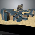 3D Architectural Model With Geometric Blue Structures And Water Elements On Sandy Base