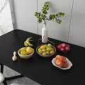Fresh Assorted Fruits in Baskets Bowls and Plate on Black Table with Green Leaves