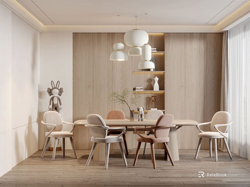 Modern Restaurant Dining Space With Wooden Walls White Pendant Lights And Light Brown White Chairs 3d model 