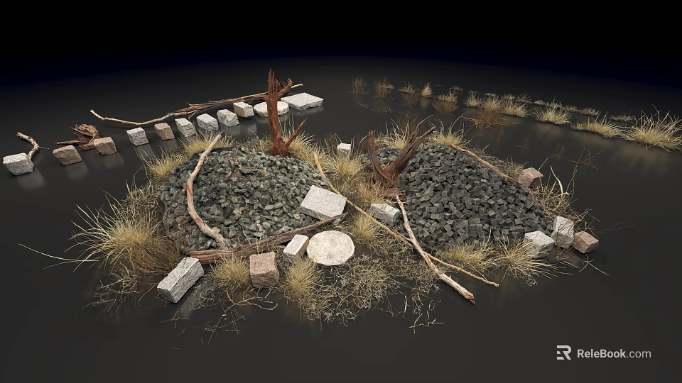 Rustic Natural Landscape With Gravel Piles Dry Grass Scattered Branches And Stones 3d model 