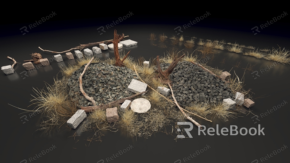 modern gobi wilderness rock weeds dead wood brick model