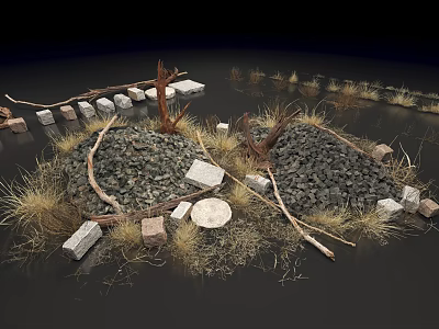 Rustic Natural Landscape With Gravel Piles Dry Grass Scattered Branches And Stones 3d model