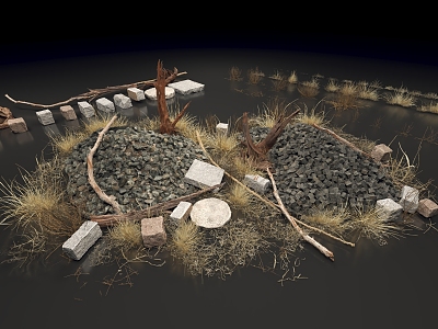 modern gobi wilderness rock weeds dead wood brick model